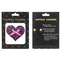Nipple cover packaging with leopard print design and pink ribbon on a black background