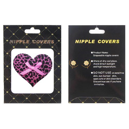 Nipple cover packaging with leopard print design and pink ribbon on a black background
