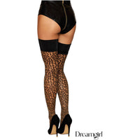Two-tone stretch thigh high stockings with a leopard print and a thick opaque top featuring a stay up silicone strip back view