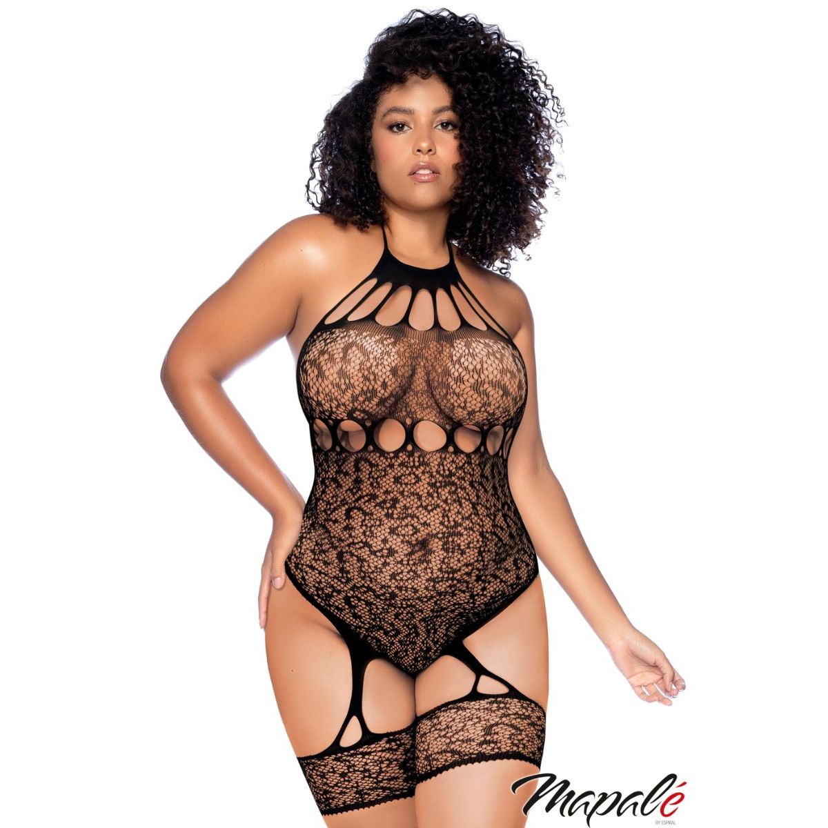 Woman wearing a black lace lingerie set with 'Mapale' branding on a white background