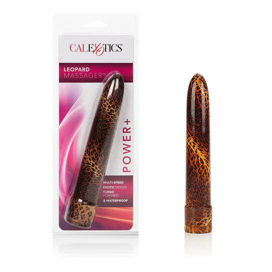 a sleek brown leopard spotted vibrator with a pointed tip and similar patterned cap shown next to its plastic packaging
