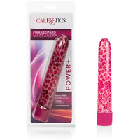 a sleek pink leopard spotted vibrator with a pointed tip and similar patterned cap shown next to its plastic packaging