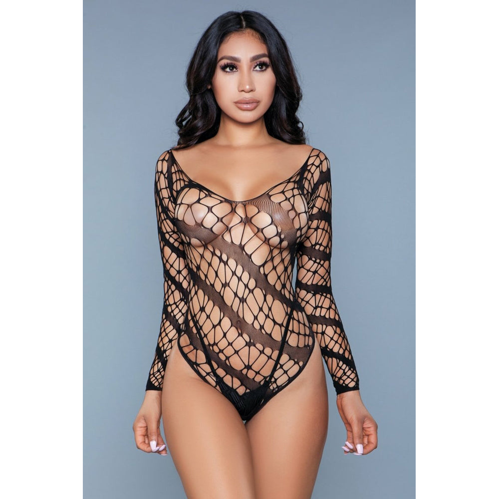 woman wearing black diamond net teddy
