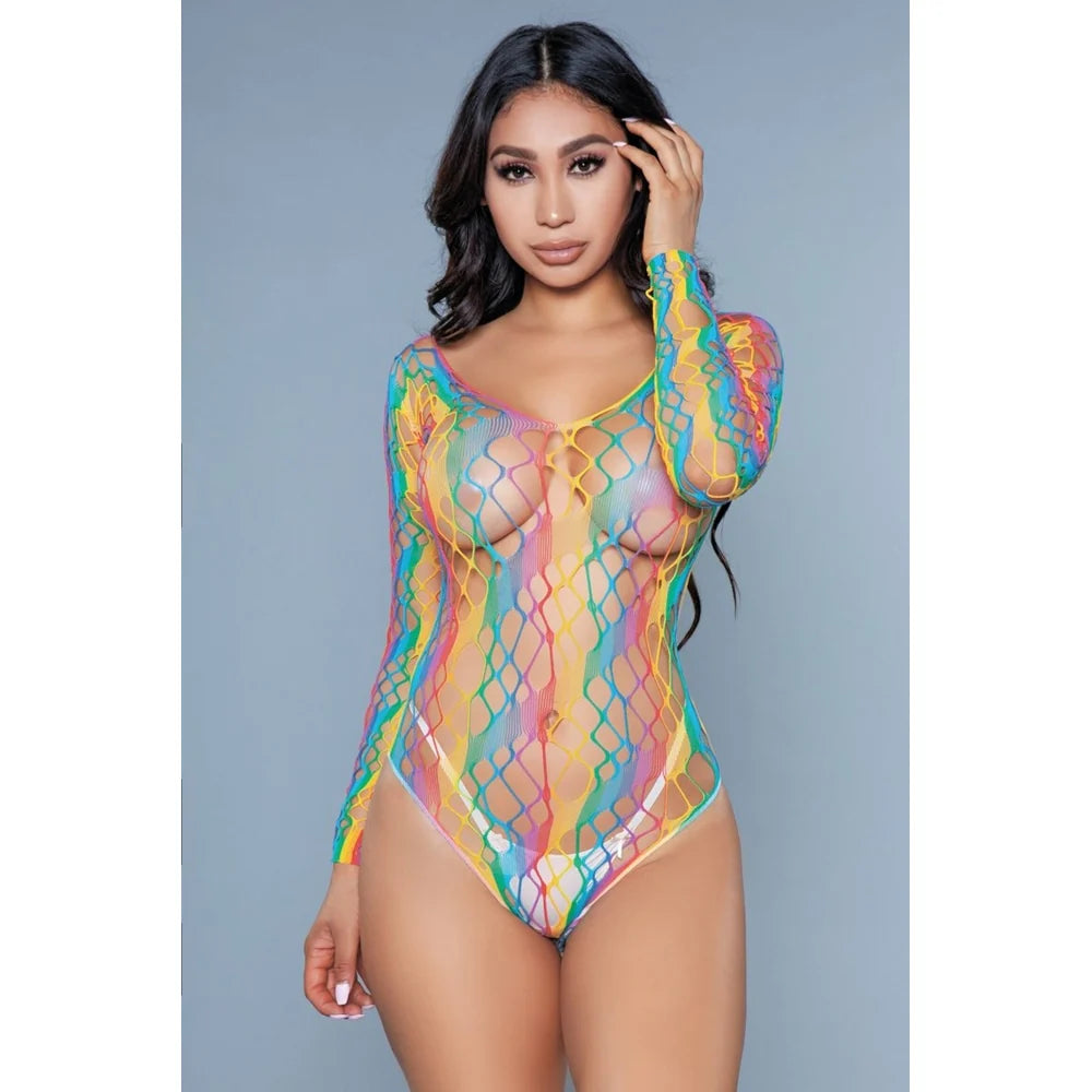 woman wearing rainbow diamond net teddy