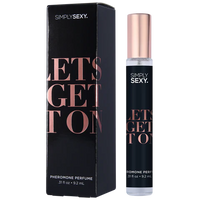 black label, with rose gold writing on clear roll on bottle.  beside black box packaging, lets get it on scent