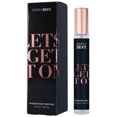 black label, with rose gold writing on clear roll on bottle.  beside black box packaging, lets get it on scent