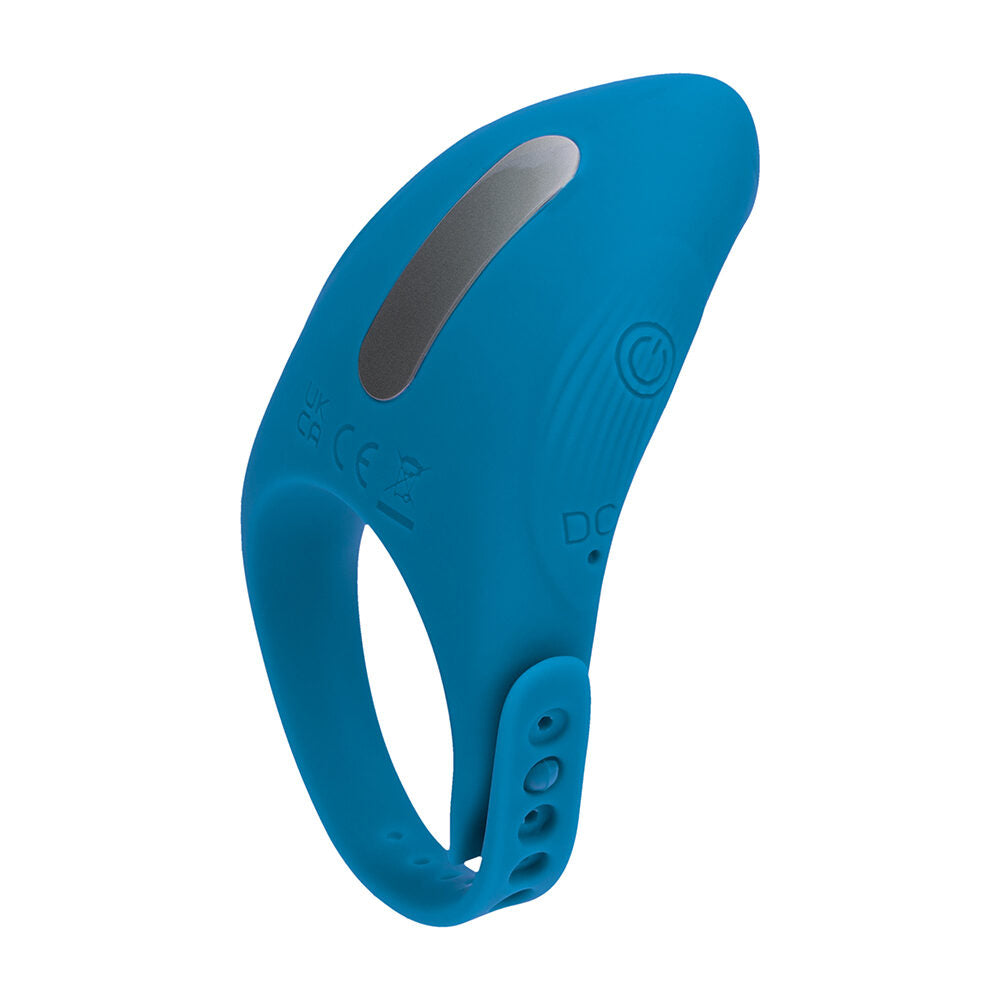 Blue adjustable vibrating cock ring on a white background