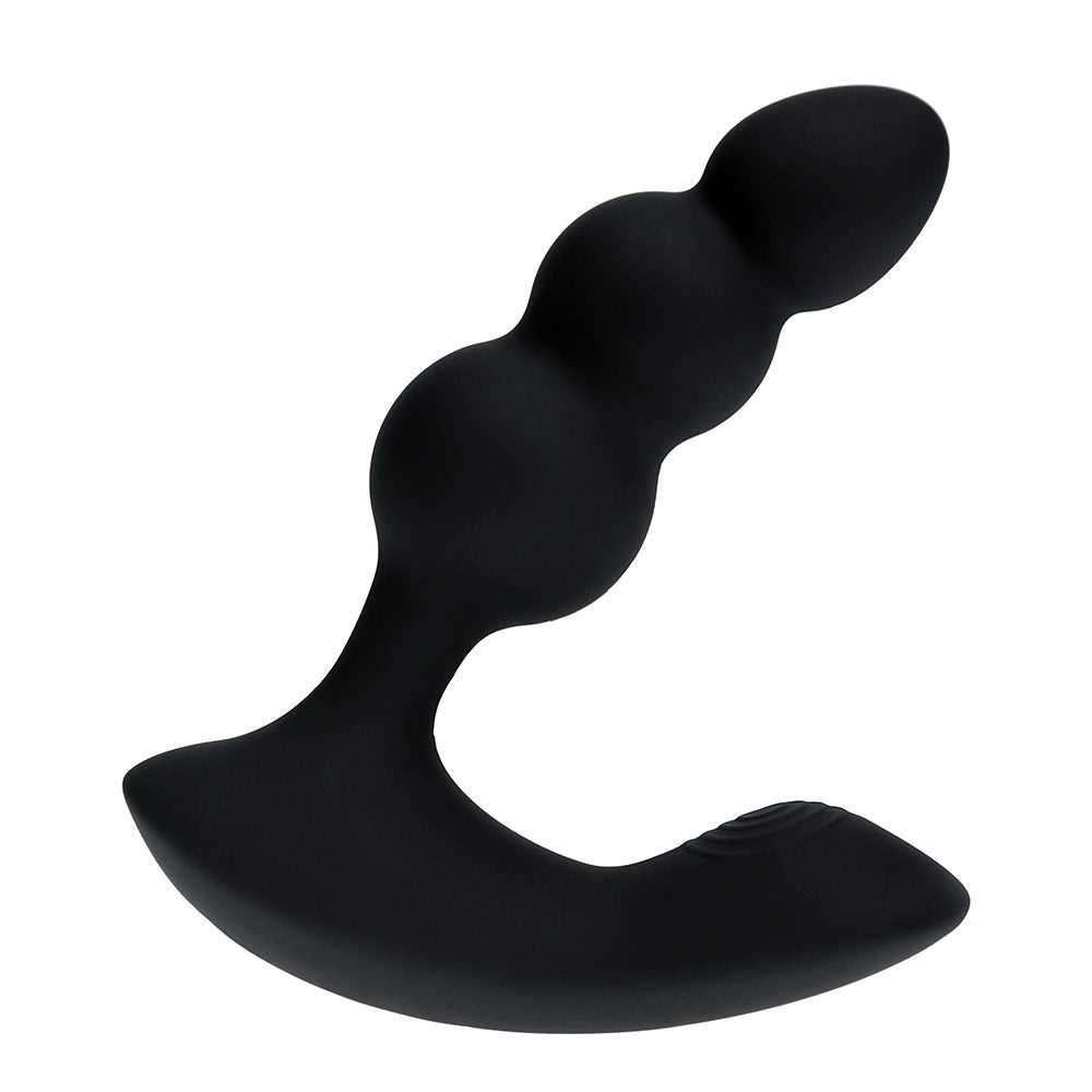beaded curved vibrating prostate massager with bottom base in black 