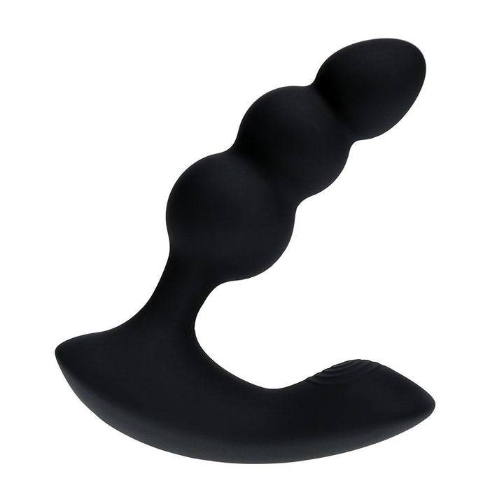 beaded curved vibrating prostate massager with bottom base in black 