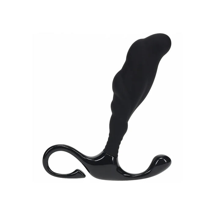 rippled with hard loop silicone prostate massager in black on white back ground
