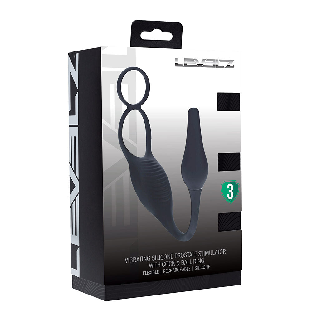 Boxed vibrating silicone prostate stimulator with packaging details on a white background
