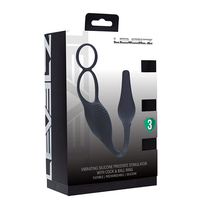 Boxed vibrating silicone prostate stimulator with packaging details on a white background