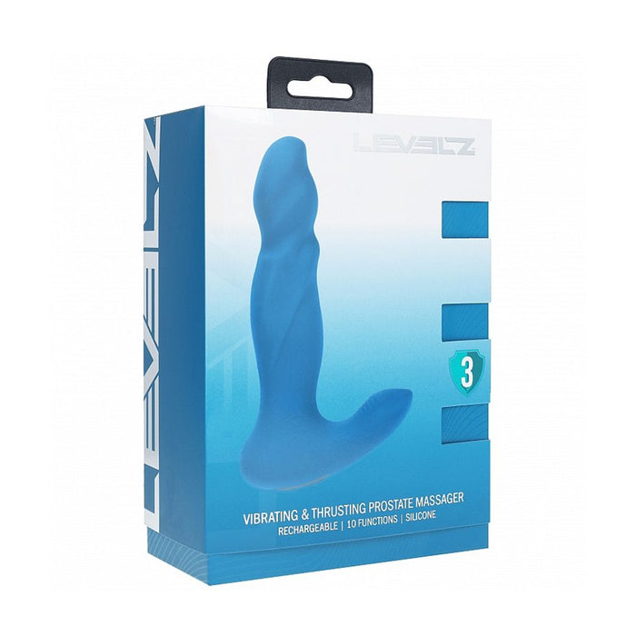 levelz vibrating thrusting prostate massager in blue with box packaging