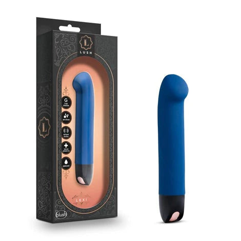 blue vibrator with a thick curved tip, shown next  to its black display box