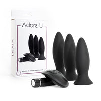 Black silicone butt plugs with remote control and packaging labeled 'Adore U Lexia' on a white background.