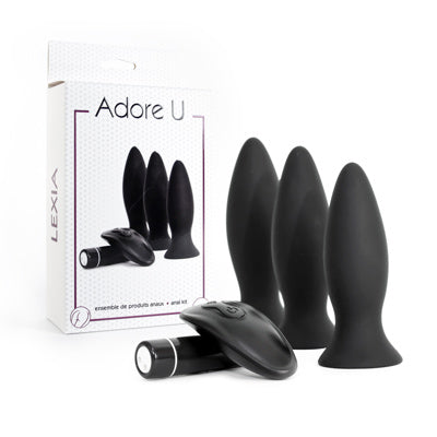 Black silicone butt plugs with remote control and packaging labeled 'Adore U Lexia' on a white background.