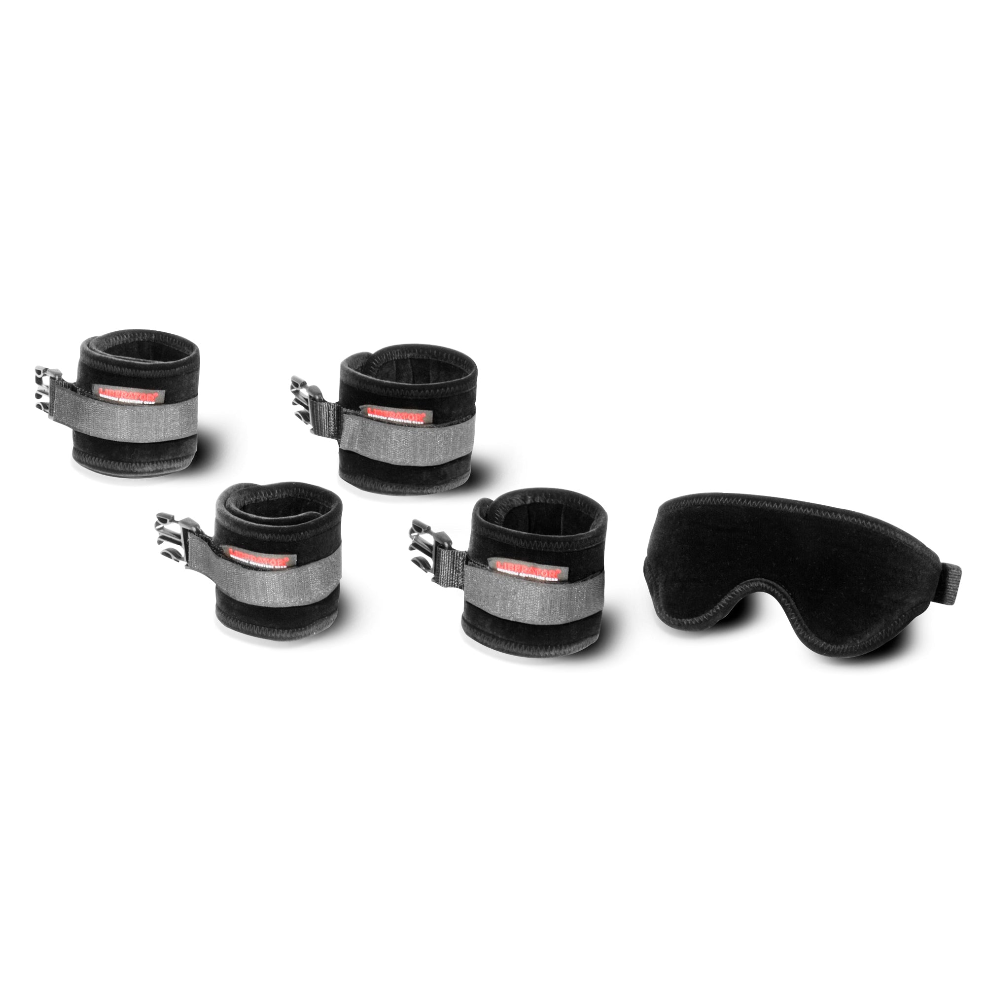 4 black cuffs and a blindfold