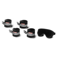 4 black cuffs and a blindfold