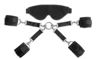 black hogtie with cuffs and blindfold