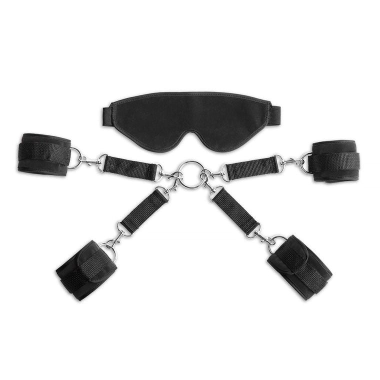 black hogtie with cuffs and blindfold