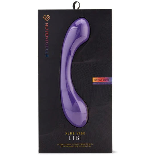 purple g spot vibrator with a thicker head and base, shown inside its black display box