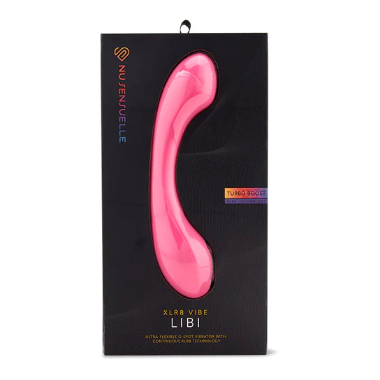 pink g spot vibrator with a a thicker head and base, shown inside its black display box
