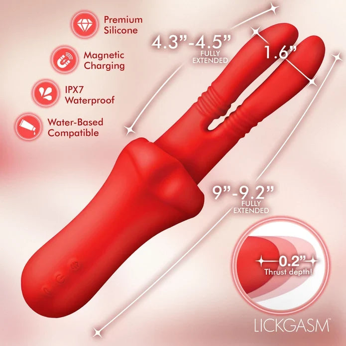 Red dual-stimulation silicone vibrator with dimension callouts showing fully extended lengths of 4.3-4.