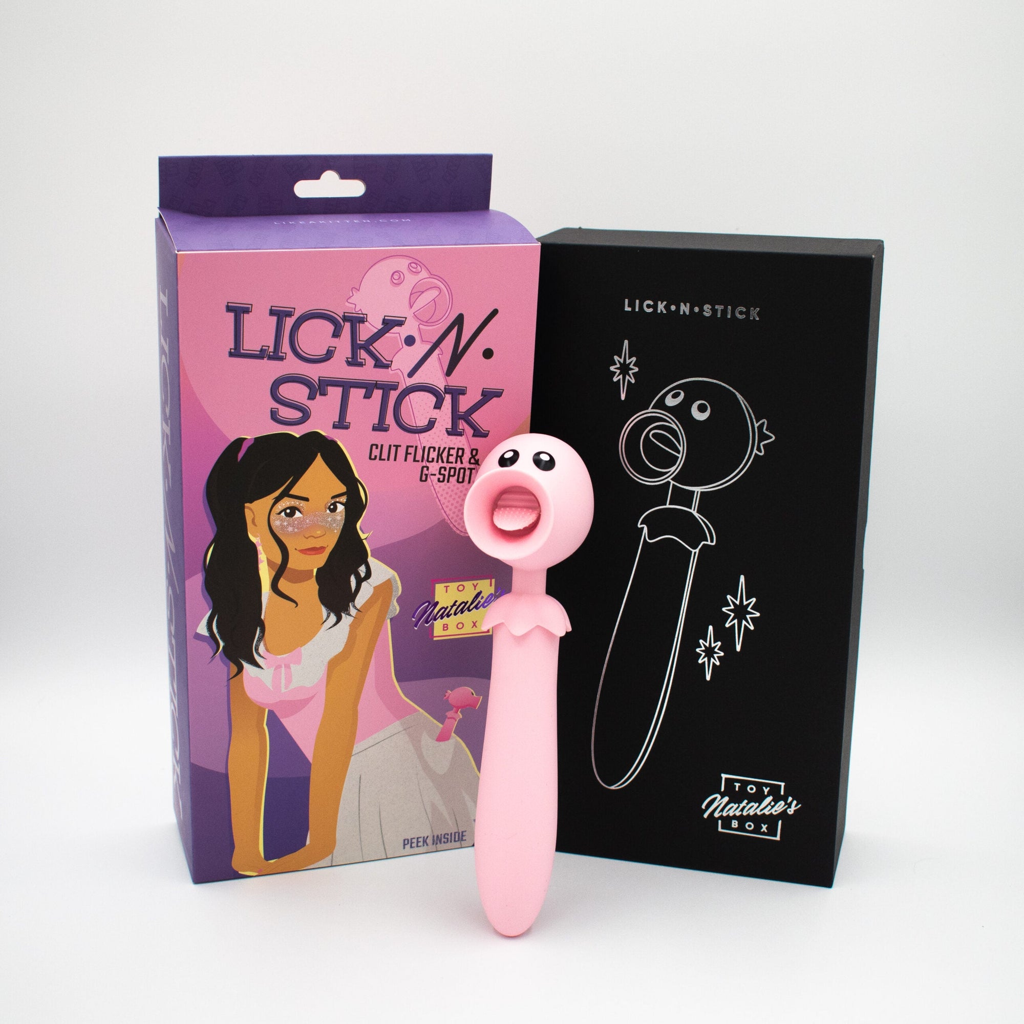 Pink 'Lick N Stick' product with packaging on a white background