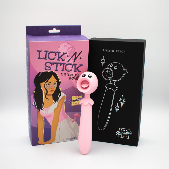 Pink 'Lick N Stick' product with packaging on a white background