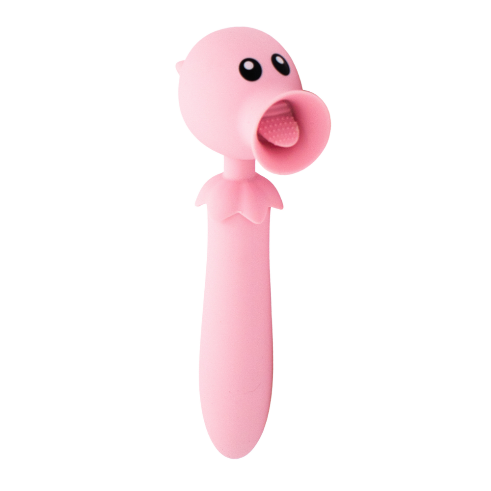 Pink vibrator with a smiling face on a white background