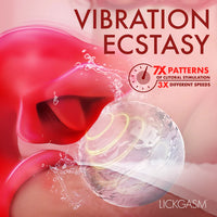 Advertisement for 'Vibration Ecstasy' product with close-up of a clitoral stimulation device.