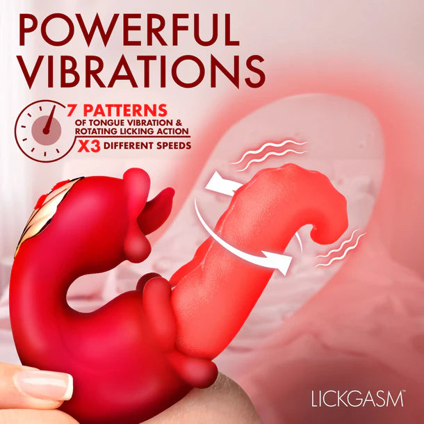 Red tongue with text about vibrations and features, branded 'LICKGASM'.