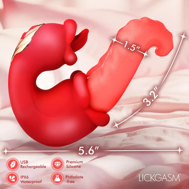Red silicone tongue vibrator with measurements and features on a soft background