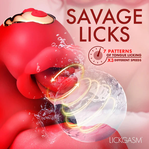 Red tongue vibrator with water effects and 'Savage Licks' branding on a pink background