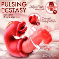Red sex toy with text describing features on a pink background