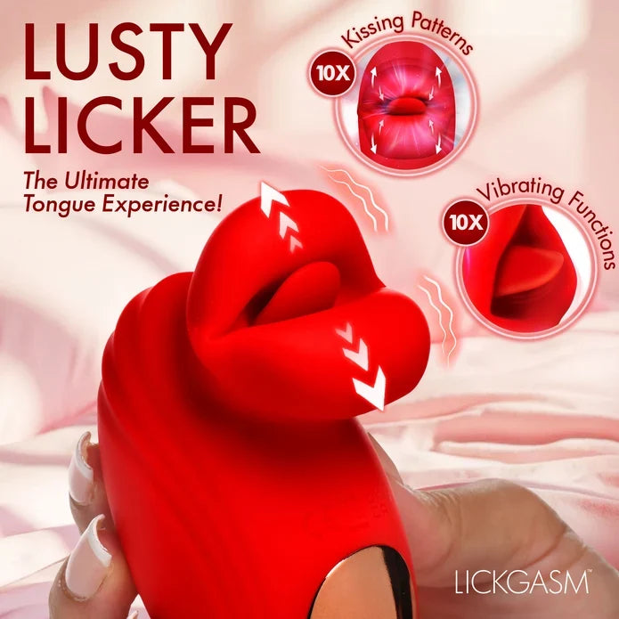 Red tongue-shaped product with kissing patterns and vibrating functions on a pink background, featuring the brand 'LickGasm'.