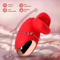 Red and rose gold LICKGASM silicone vibrator with dimension markings showing 4 inches and 2.9 inches, set against a soft pink background with feature icons.