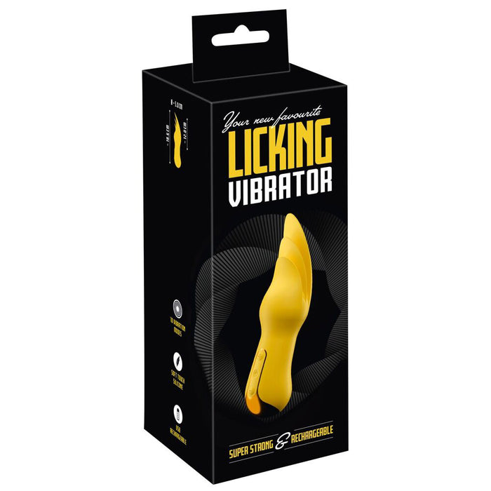 yellow, triple tongue shaped vibrator, on box packaging, on a white back ground
