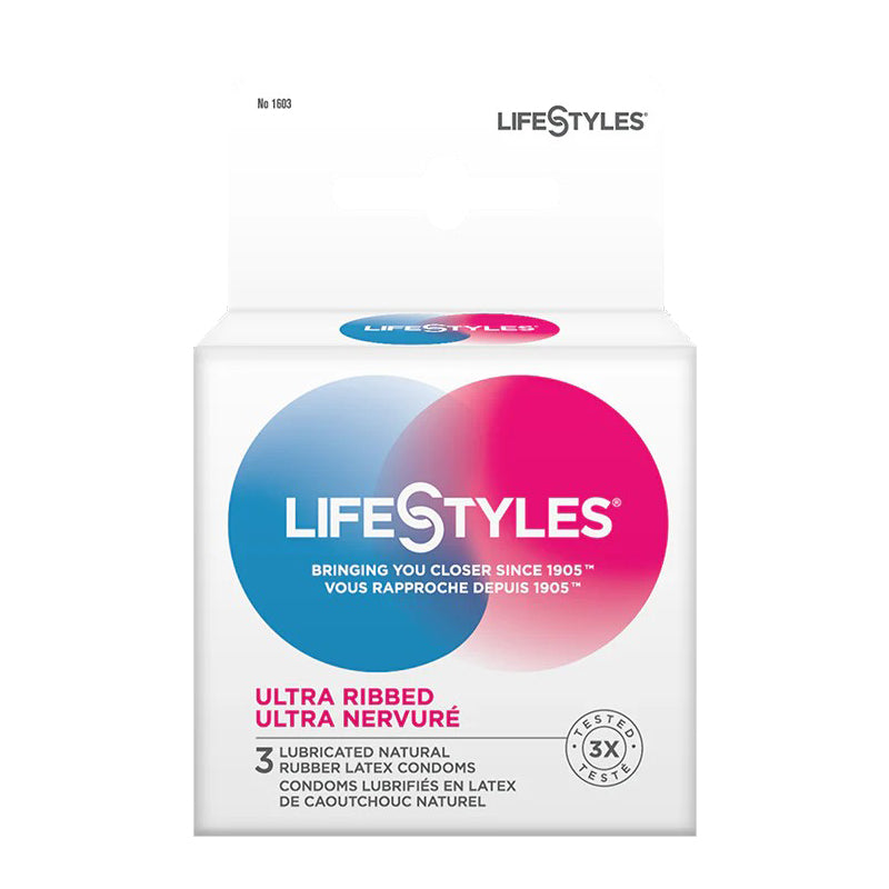a box of lifestyles ultra ribbed condoms on a white background