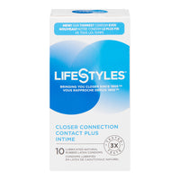 Packaging box of LifeStyles Closer Connection Contact Plus Intime condoms, indicating 10 lubricated natural rubber latex condoms with a blue and white design.
