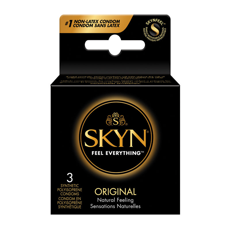 Packaging of Skyn® original Condoms by Lifestyles® showing the box with the product branding and the number of pieces (3) included. The packaging highlights the product features like non-latex, natural feeling, and slimmer design.