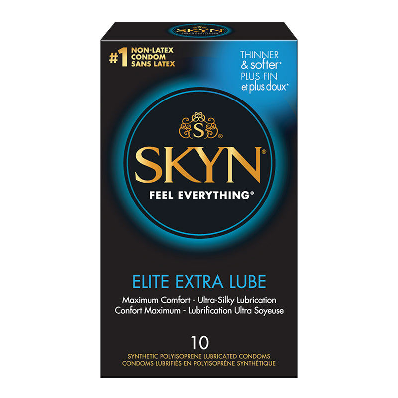Packaging for SKYN Elite Extra Lube Condoms, showing the box with the product name and the number of condoms included.