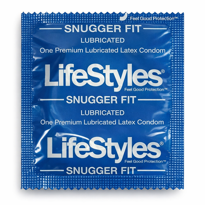LifeStyles Snugger Fit condoms blue wrapper close-up
