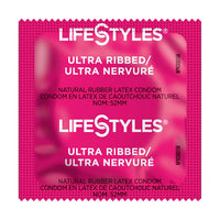 pink foil pack of lifestyles ultra ribbed condoms