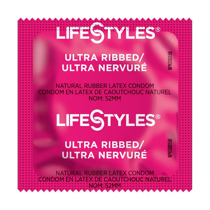 pink foil pack of lifestyles ultra ribbed condoms