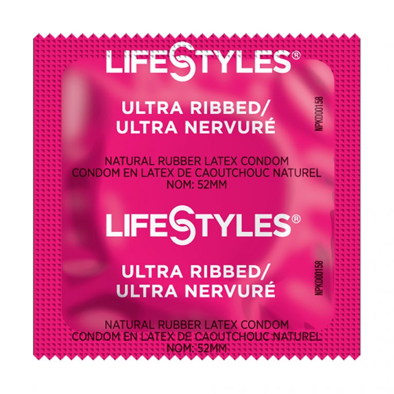 pink foil pack of lifestyles ultra ribbed condoms
