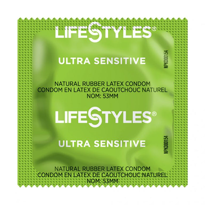 A single green LifeStyles Ultra Sensitive condom wrapper with white text, shown on a plain white background.