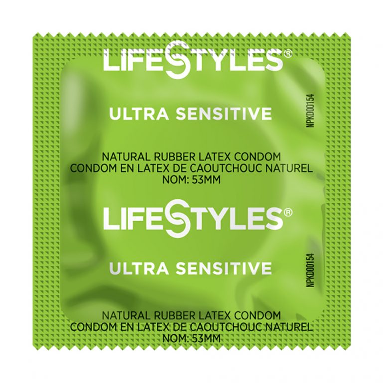 A single green LifeStyles Ultra Sensitive condom wrapper with white text, shown on a plain white background.