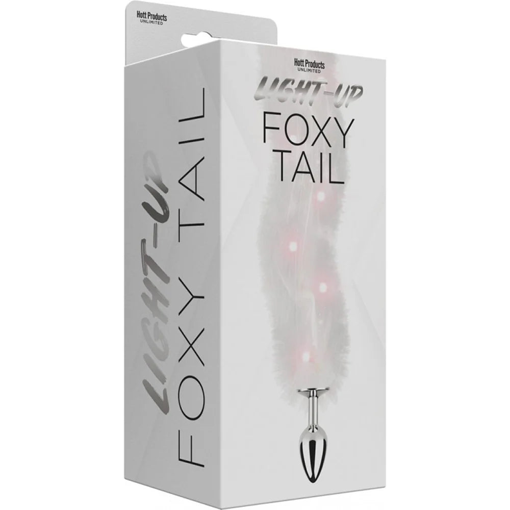 white light up fox tail anal plug on box packaging