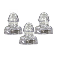 Three clear plastic penis ice cubes on a white background